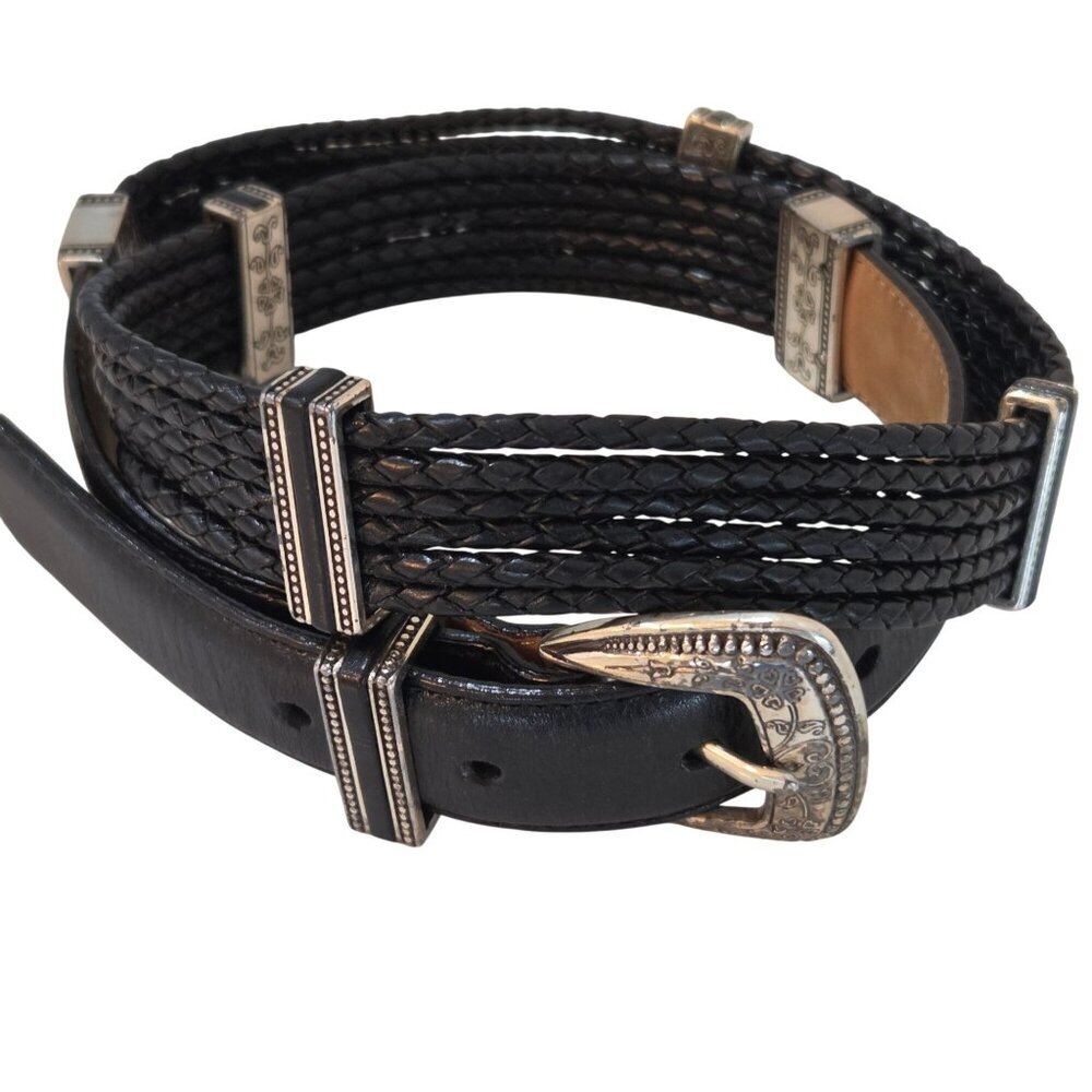 Brighton Black Leather Braided Belt Sz 32 M/L‎ Silver-Tone Engraved Buckle Boho